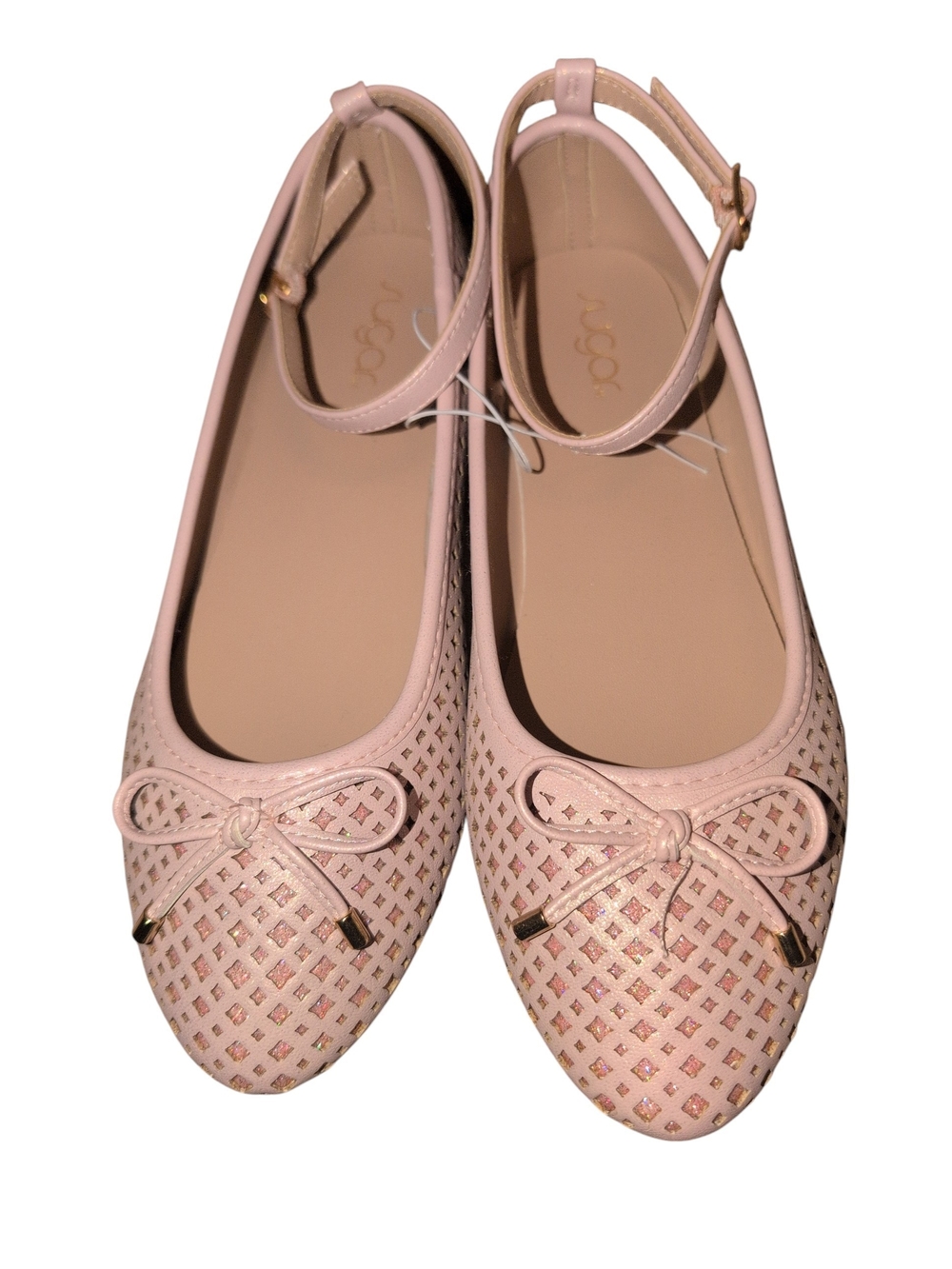 Sugar Rose Gold Pink Ankle-Strap Perforated Ballet Flats Big Girl Size 5